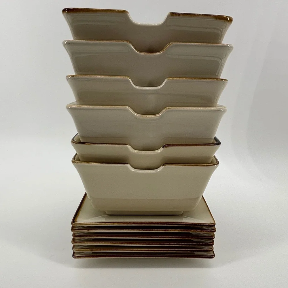 Pottery Barn Asian Square 12pc Set 6 Noodle Bowls 6 Plates Putty Brown Rim Japan